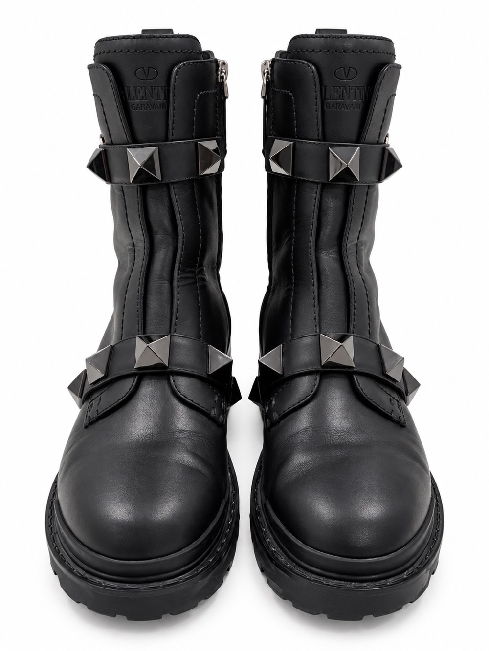 Valentino Garavani Black Leather Stud-Embellished Combat Boots